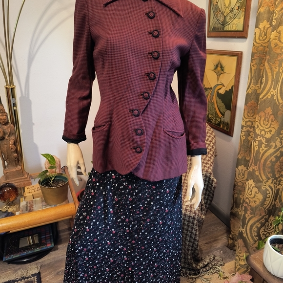 Vtg 1940s Burgundy and Black Blazer Asymmetrical Virgin Wool Miron Woolens - Picture 5 of 14